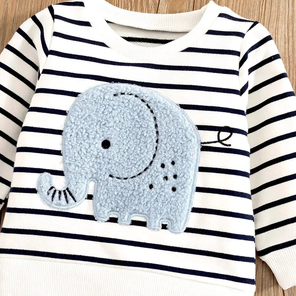 0-2 Year Old Spring And Autumn New Elephant Print Stripe Outfit