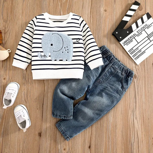 0-2 Year Old Spring And Autumn New Elephant Print Stripe Outfit